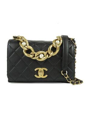 Chanel Quilted Single Flap Black Gold Lambskin Faux Pearl 2-Way Shoulder Bag